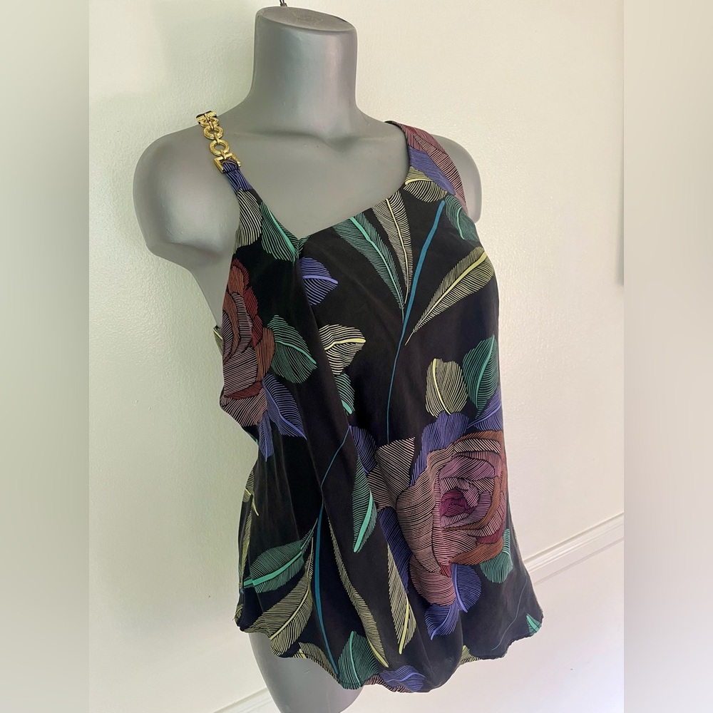 Vintage Trina Turk Asymmetrical Silk Top Gold Chain Strap  Sz M